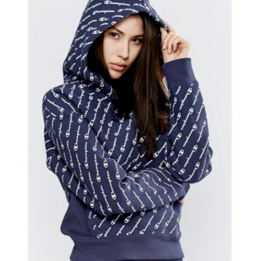 Champion Reverse Weave All-Over Graphic Hoodie Pullover Sweatshirt Size XS Blue - Picture 1 of 8